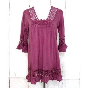 Cute Options Tunic Blouse Top Mauve Crochet Gauze Boho Cottage 3/4 Sleeve Size L
